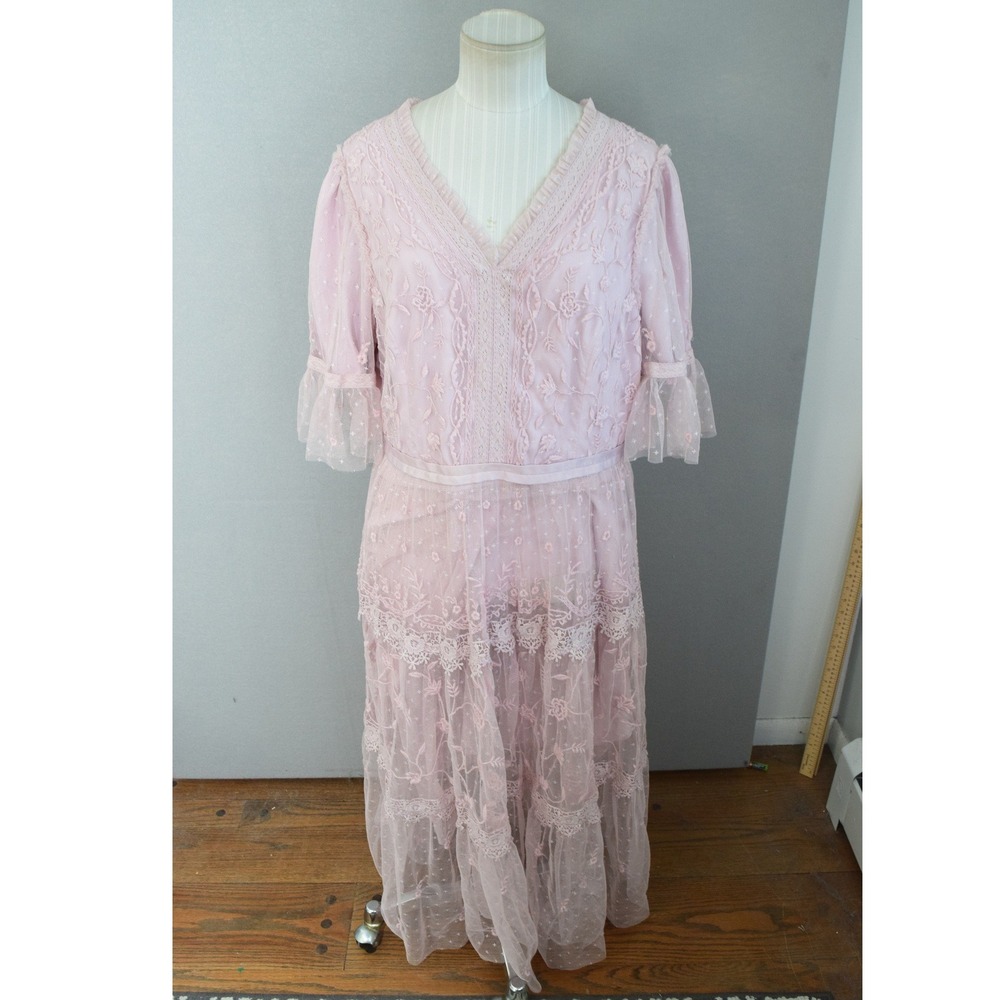 Ivy City Co Dress XXL Pink Floral Lace Embroidery Maxi Women Boho Cottagecore